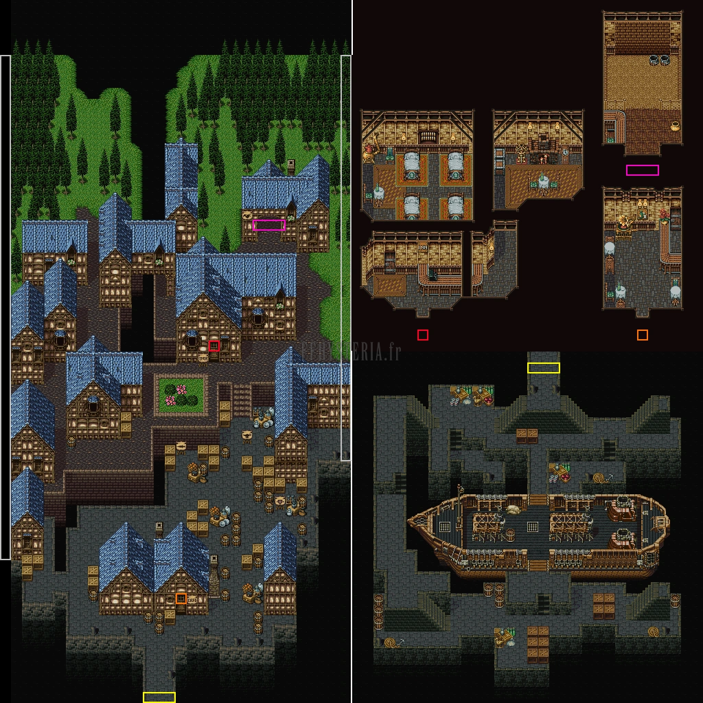 Plan de Nikéa : la ville, ses intérieurs et le navire à quai (version SNES)