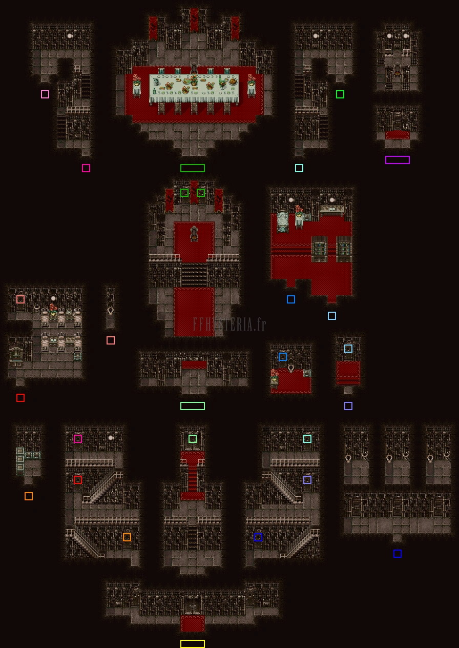 Plan des intérieurs du Palais impérial (version SNES) : salle du banquet en haut, salle du trône au centre, barraquements et bibliothèque de part et d’autre