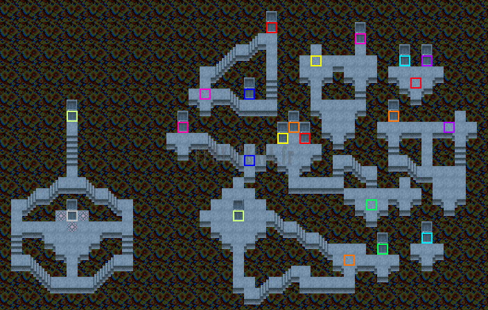 Plan de la première zone du Pays des rêves : passerelles bleues flottant sur un fond à motifs, portes et points de passage repérés par des carrés de couleur (version SNES)
