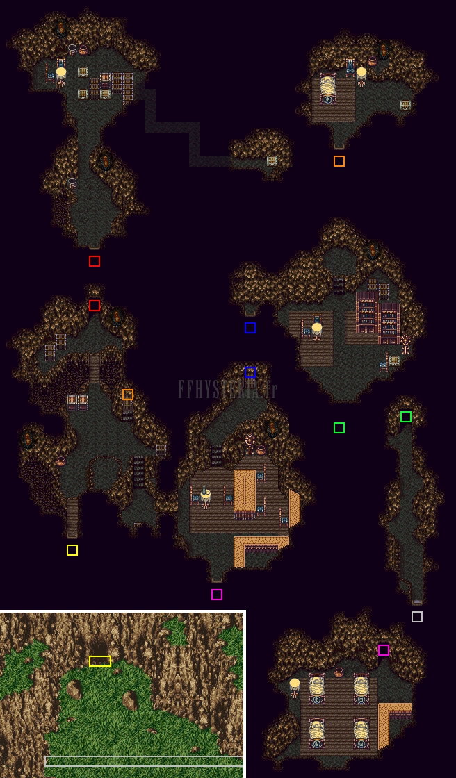 Plan du Repaire de la Résistance : salles creusées dans la roche, entrée en bas (version SNES)