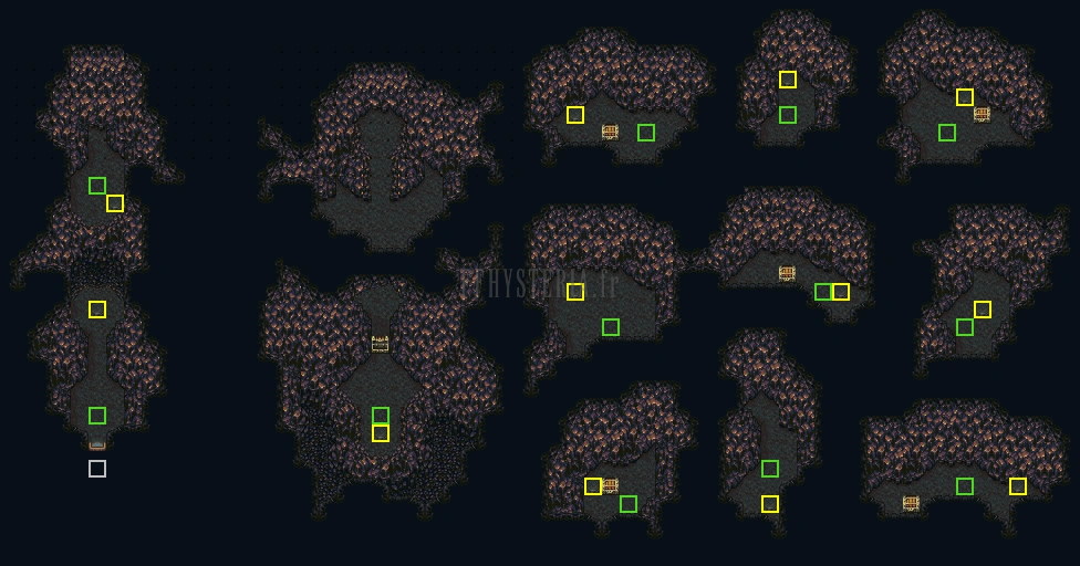 Plan du Rocher d’Ebot : îlots de grotte isolés les uns des autres, dalles de téléportation et points d’arrivée repérés en couleur (version SNES)