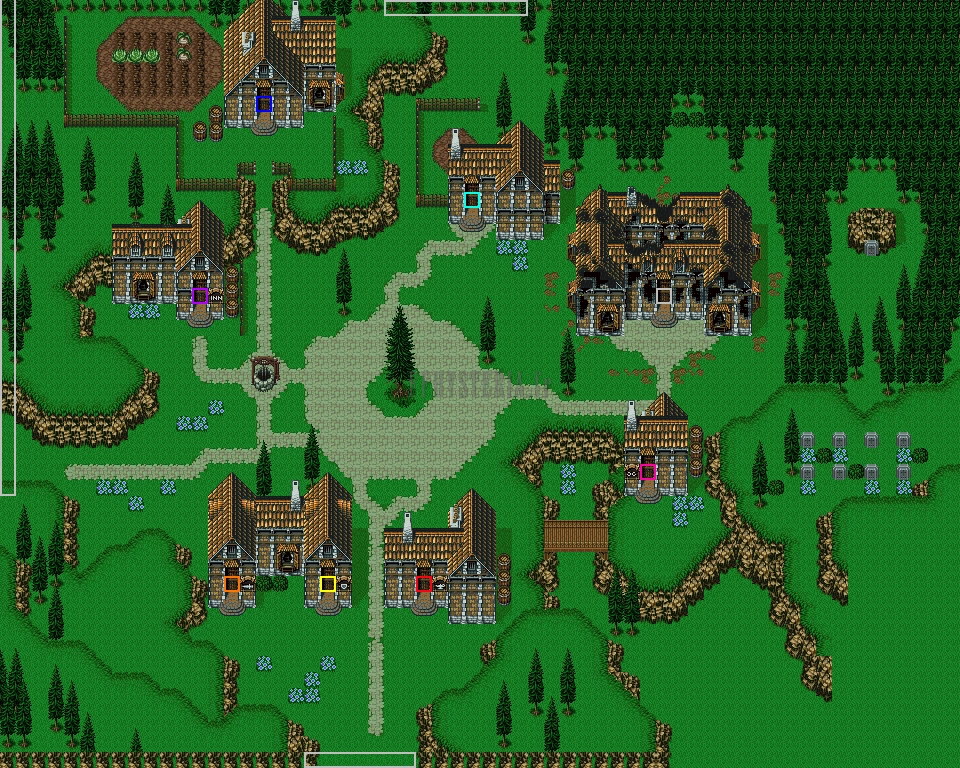 Plan de Thamasa (version SNES) : maisons autour de la place pavée, prairie et forêt tout autour