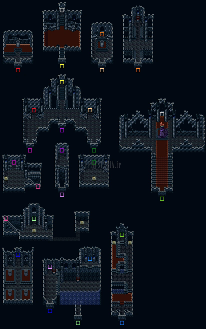 Plan de la Tombe de Daryle : salles de pierre bleu nuit, bassins et hall central aux nombreuses portes (version SNES)