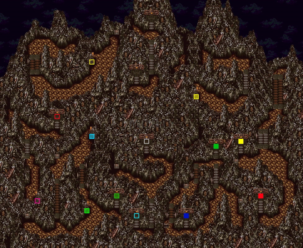 Plan de l’extérieur de la Tour de Kefka : amas de débris bruns parcouru de chemins (version SNES)