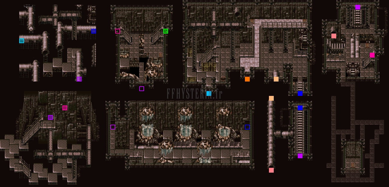 Plan d’ensemble de l’usine de la Tour de Kefka : sections de métal et tuyauteries assemblées (version SNES)