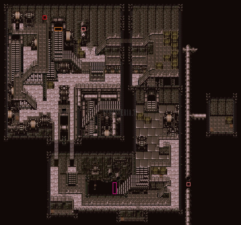 Plan de la grande salle de l’Usine magitech (version SNES) : passerelles, escaliers et tapis roulants, avec des repères de couleur ajoutés