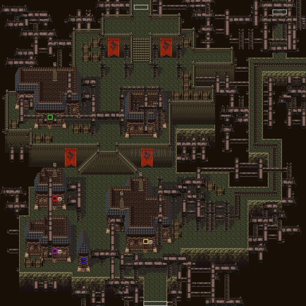 Plan de Vector (version SNES) : l’entrée au sud, les maisons, et le Palais impérial au nord, avec des repères de couleur ajoutés