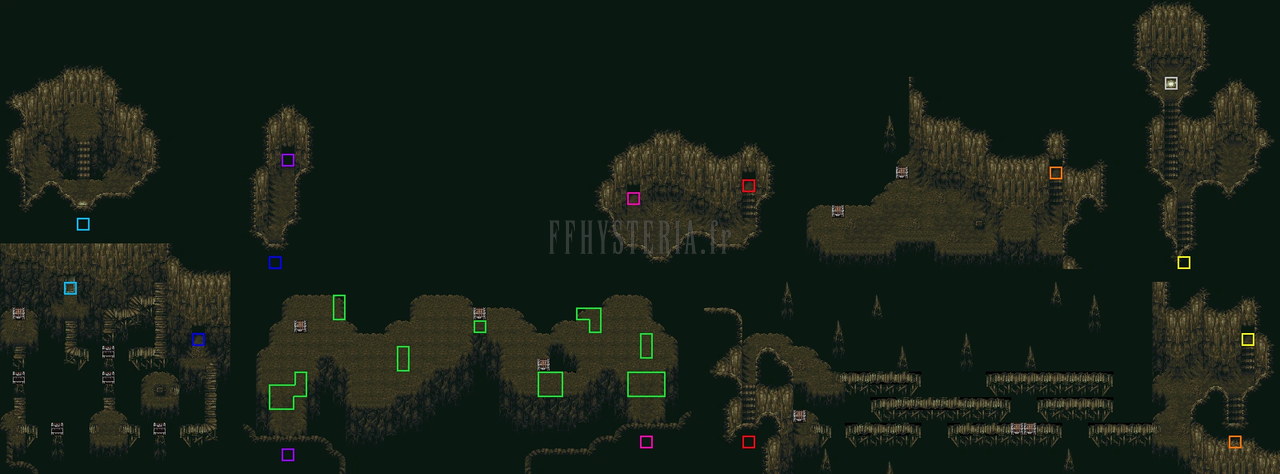 Plan en bandeau du Ventre du glouton : grottes verdâtres et passerelles, les abris de la salle au plafond repérés en couleur (version SNES)