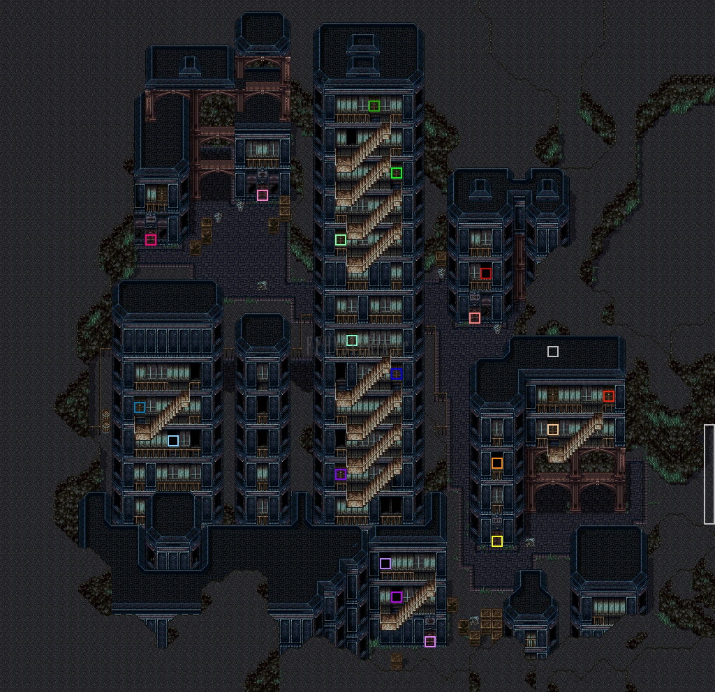 Plan de Zozo (version SNES) : les immeubles et leurs escaliers extérieurs, avec des repères de couleur ajoutés sur le plan