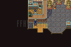 La boutique d’armes d’Albrook : comptoir, présentoirs dorés et un client en bleu devant le marchand (version GBA)