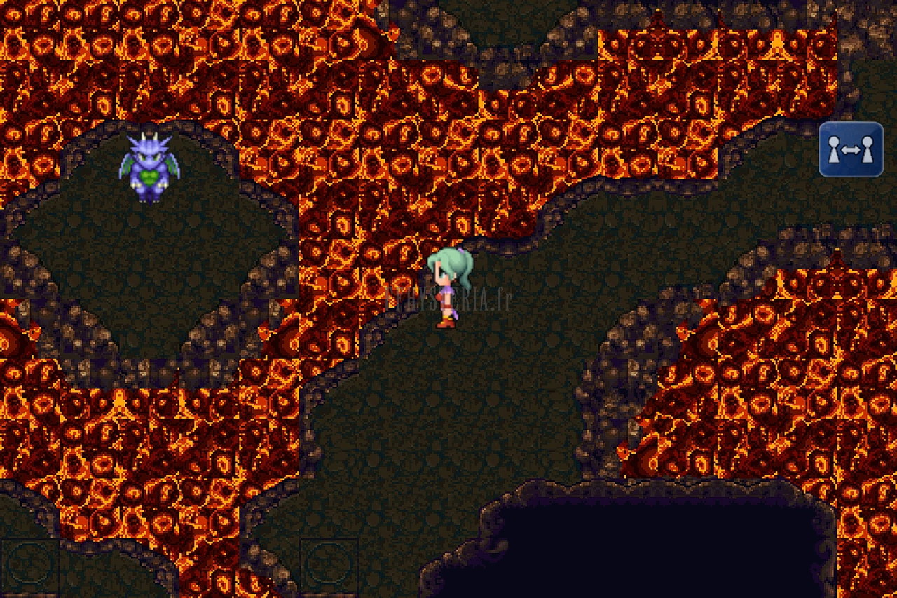 Le labyrinthe brûlant : coulées de lave rouge et orange, Terra sur un chemin de roche et un monstre bleu en haut à gauche (version mobile/PC 2014)