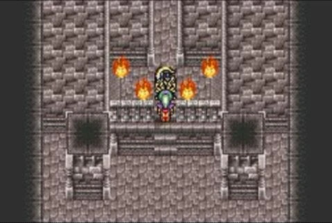 Le repaire du Dragon Empereur : salle dallée grise, braseros enflammés et le dragon au fond, un personnage face à lui (version GBA)