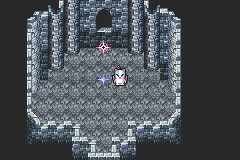 La seconde salle de sauvegarde de l’antre : dallage de pierre bleue, point de sauvegarde et un mog (version GBA)