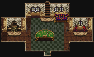 La salle de jeu du Blackjack : table de casino verte sur un sol en damier, horloge et fauteuils rouges de part et d’autre (version GBA)