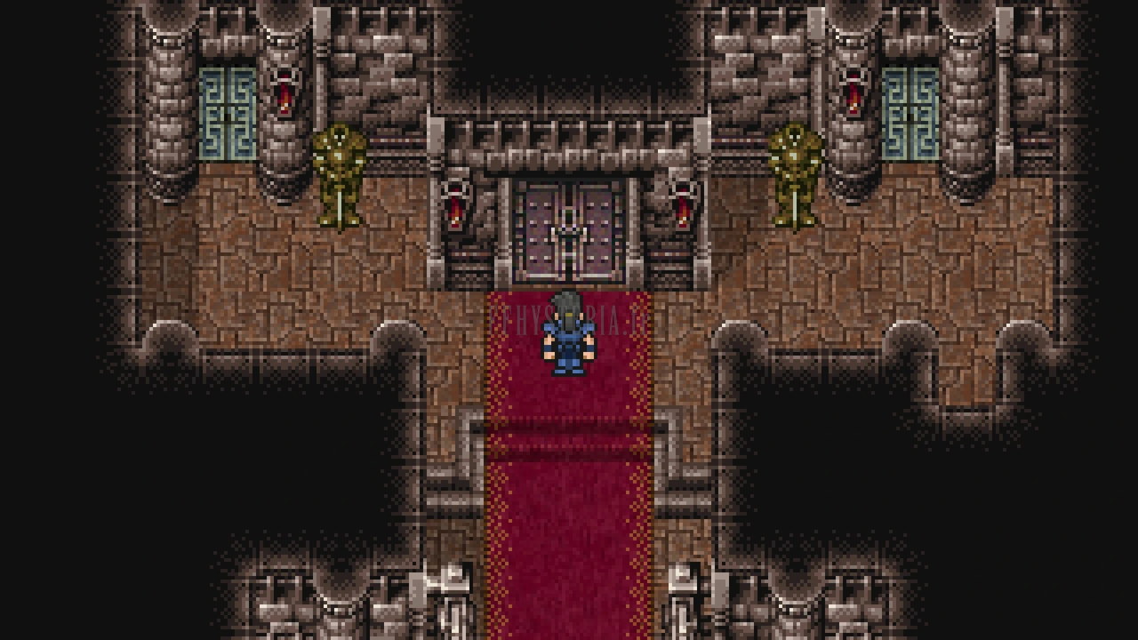 La cour intérieure du château de Doma : un tapis rouge mène à la grande porte, entre deux statues dorées (Pixel Remaster)