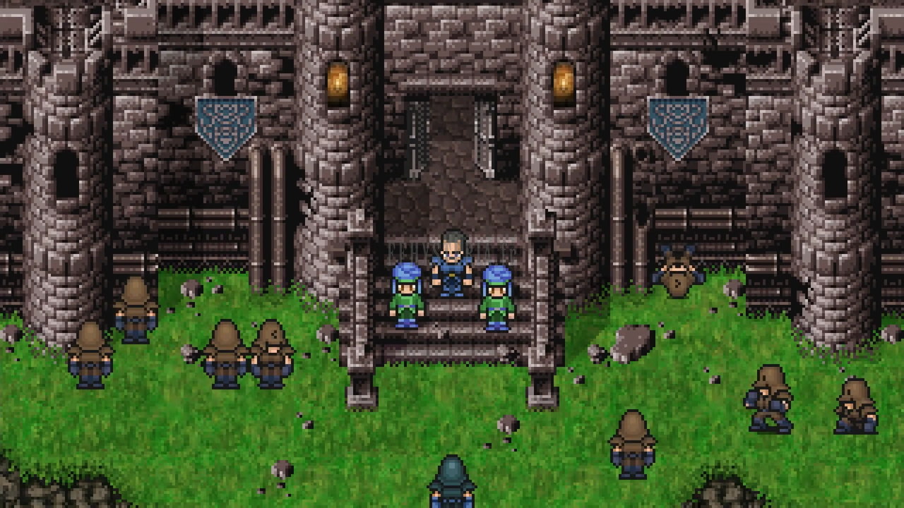 Le château de Doma assiégé, ses défenseurs sur les marches de l’entrée (Pixel Remaster)