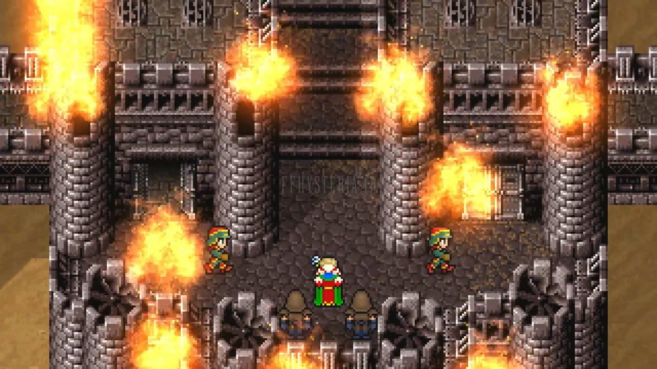 Le château de Figaro en flammes, soldats impériaux au pied des tours (Pixel Remaster)