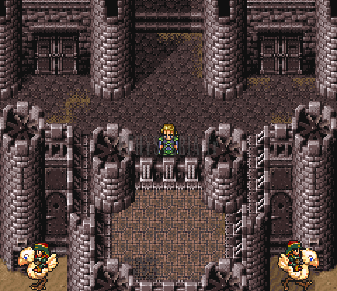 Les remparts du château de Figaro, avec des chocobos sellés au pied des tours (version SNES)