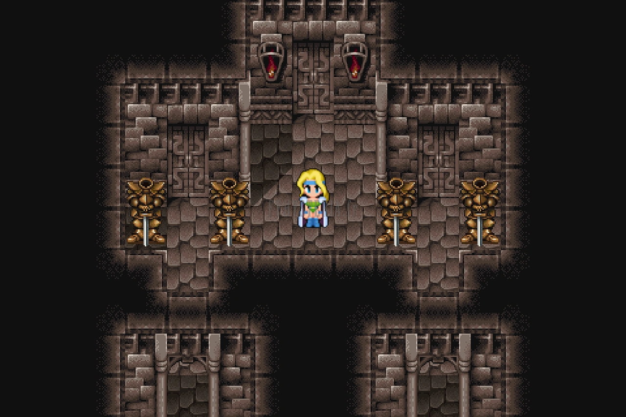Salles de pierre en T sous le Château de Figaro, éclairées de torches (version mobile/PC)