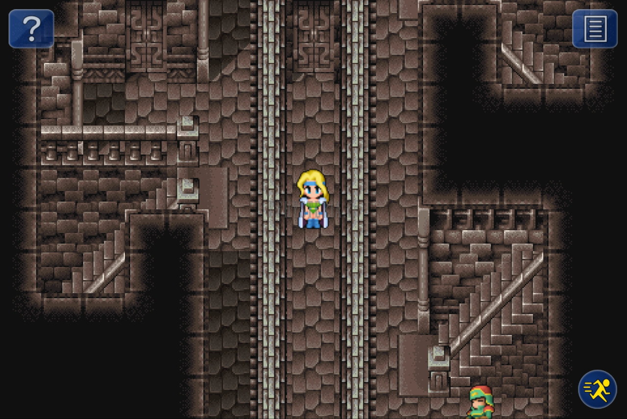Un sous-sol du Château de Figaro : couloirs et escaliers de pierre, Celes au centre (version mobile/PC)