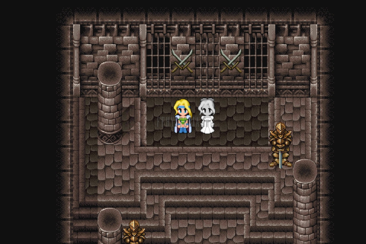 La statue de la reine pétrifiée, dans la salle aux vitraux du sous-sol, avec Celes à côté (version mobile/PC 2014)