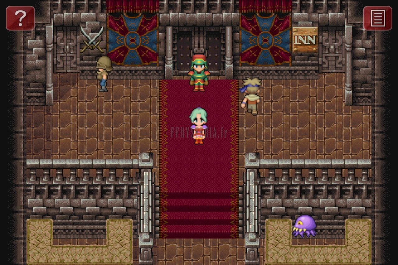 Le hall du Colisée : tapis rouge jusqu’à la grande porte, Terra au centre et, en bas à droite, un poulpe violet, Orthros, devenu réceptionniste (version mobile/PC 2014)