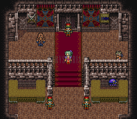 Le hall du Colisée : tapis rouge vers la grande porte, colonnes, gradins et gardes (version SNES)