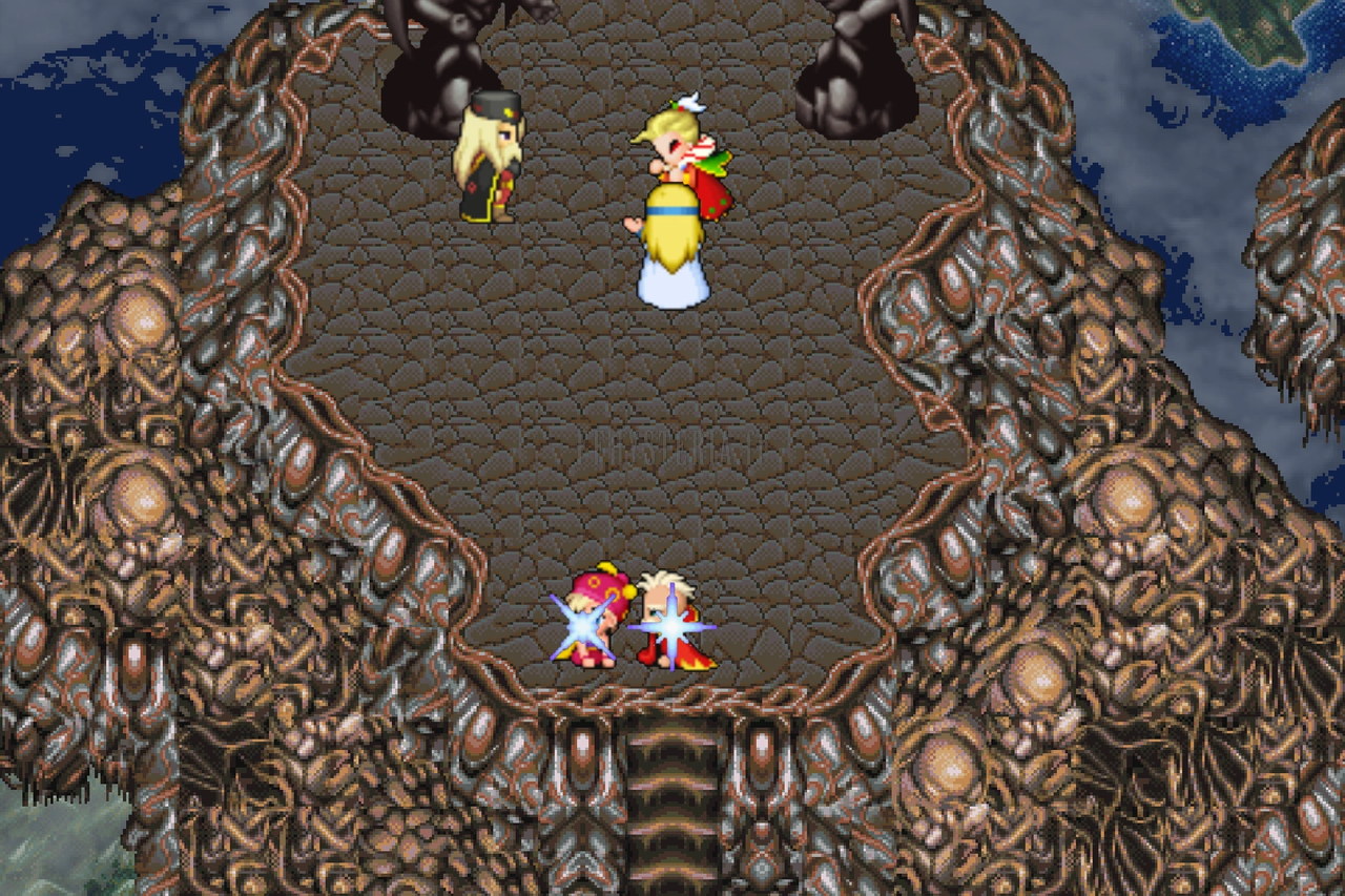 Au sommet du Continent flottant, Celes face à Kefka entre les statues de la triade guerrière (version mobile/PC 2014)