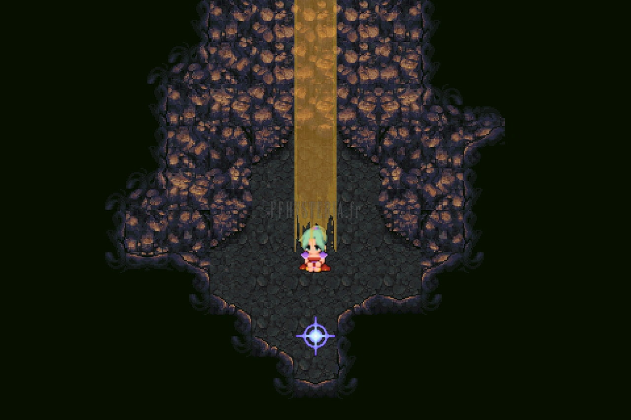 La caverne au point de sauvegarde, sous un rai de lumière, au cœur du Continent flottant (version mobile/PC 2014)