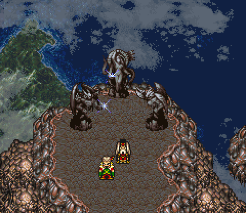 Les trois statues de la triade guerrière au bord du vide, Kefka et Gestahl devant elles (version SNES)