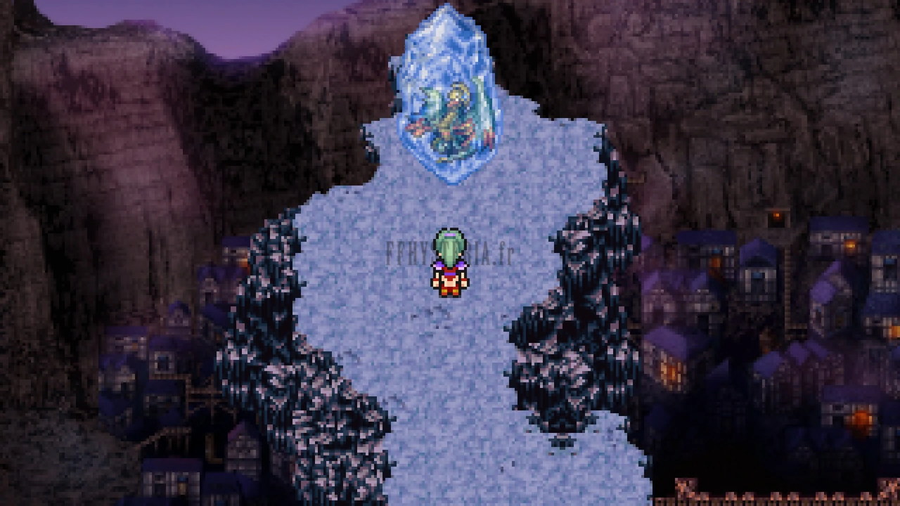 Au sommet des falaises de Narshe, la chimère prise dans son bloc de glace domine le sentier enneigé (Pixel Remaster)