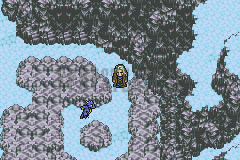 Les falaises enneigées de Narshe, un dragon près d’un personnage sur le sentier (version GBA)