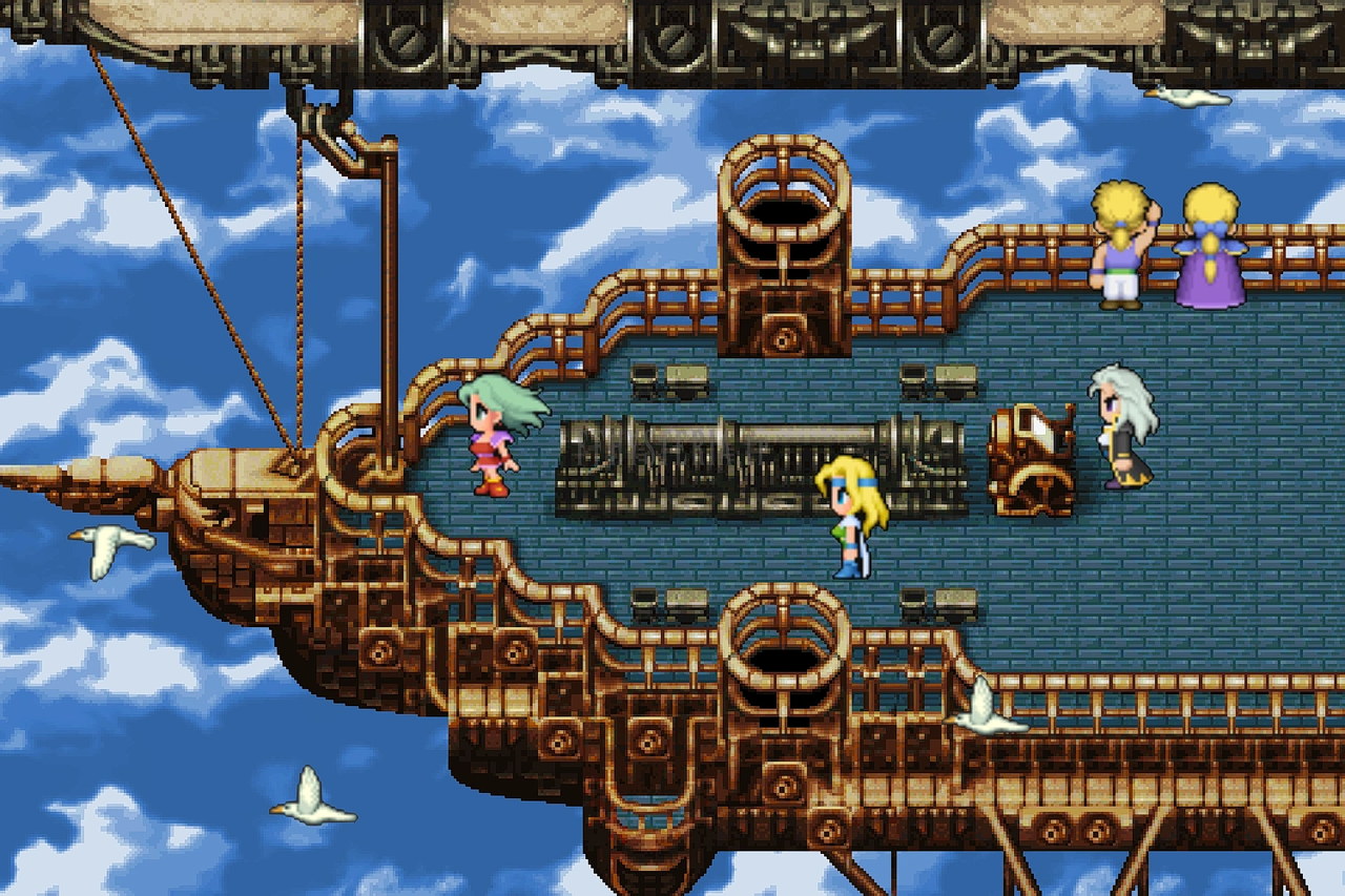 Le groupe réuni sur le pont du Faucon sous un ciel bleu, des oiseaux autour (version mobile/PC)