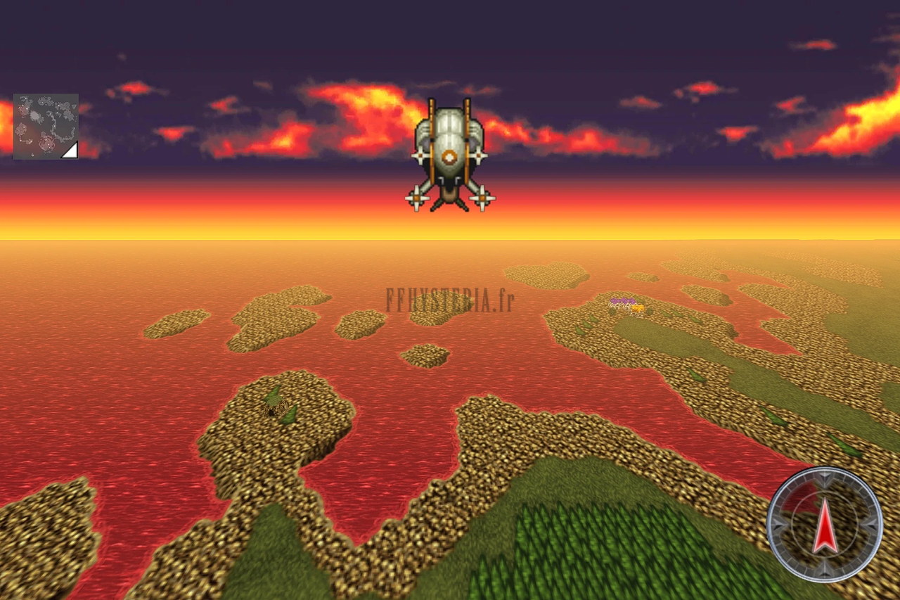 Le Faucon survole une mer rouge et des terres brunes sous un ciel orangé (version mobile/PC)
