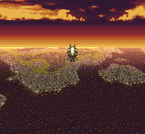 Le Faucon en vol au-dessus des terres brunes du Monde en Ruines, ciel orangé (version SNES)