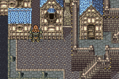 Un soldat en armure lourde garde une rue de Figaro-Sud (version GBA)