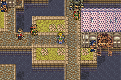 Figaro-Sud dans le Monde en Ruines : rues pavées, maisons au toit rose et habitants (version GBA)