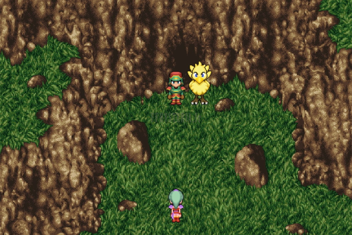 Devant l’entrée de la grotte, le chocobo attend au pied des montagnes (version mobile/PC 2014)