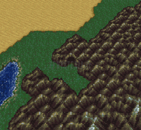 L’entrée de la Grotte de Figaro-Sud, une brèche dans les montagnes entre le désert et un lac (version SNES)