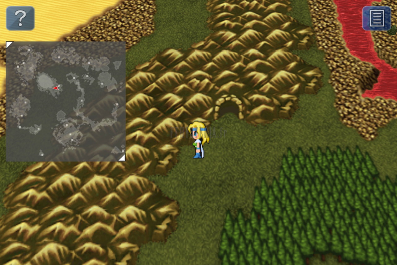 L’entrée de la Grotte de Figaro-Sud sur la mappemonde des ruines : montagnes brunes, désert jaune et forêt (version mobile/PC)