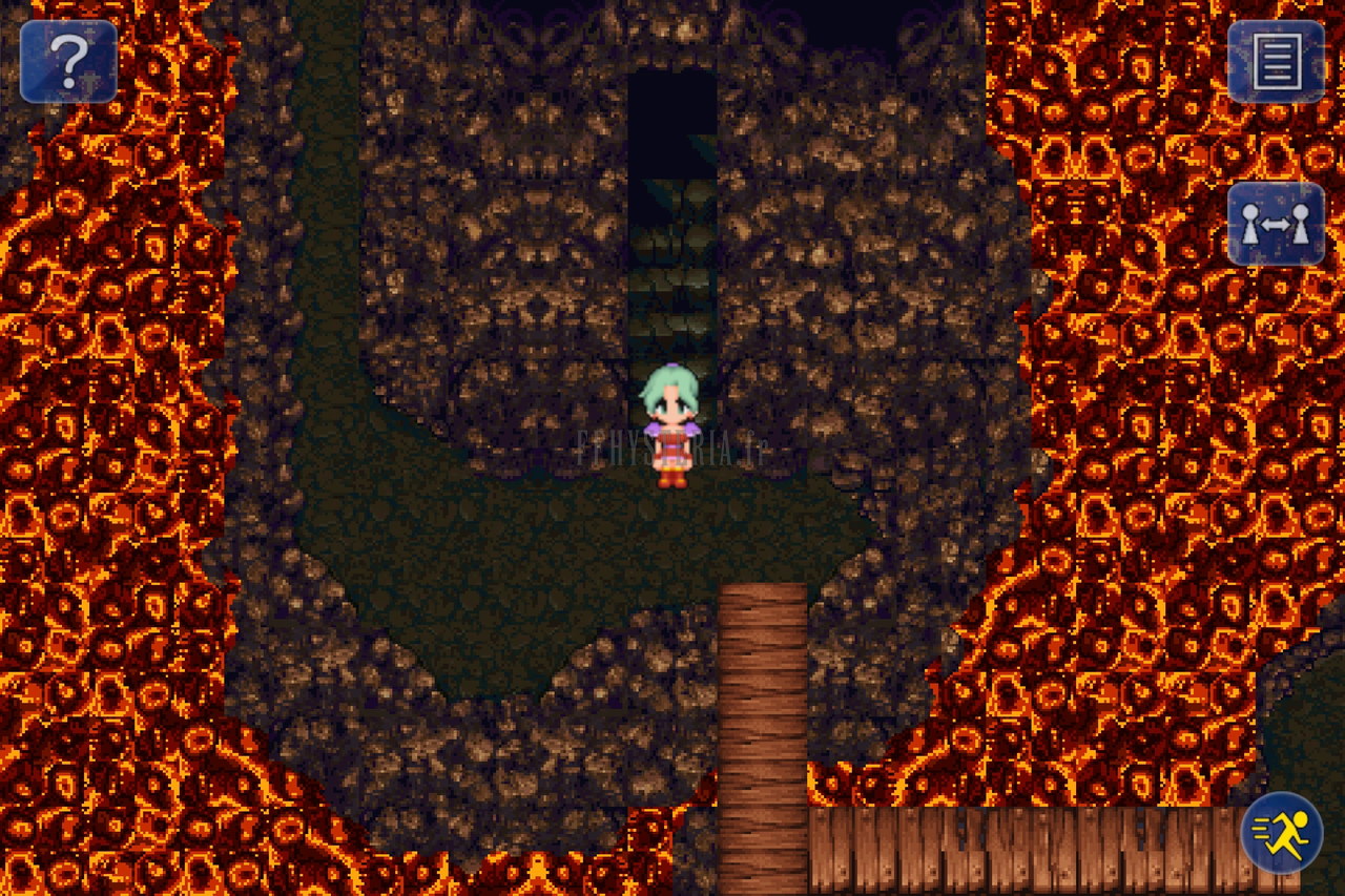 Une salle de lave de la Grotte du Phénix : rivière orange et pont de bois, Terra au centre (version mobile/PC)