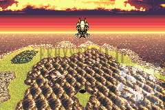 La montagne en étoile au nord de Tzen, survolée par le Faucon sous un ciel orange (version GBA)