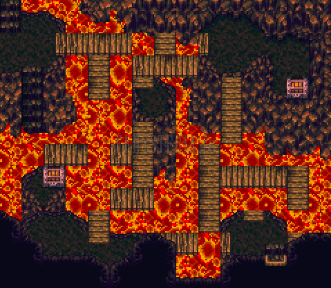 La salle des ponts mouvants au-dessus de la lave, avec ses deux coffres (version SNES)