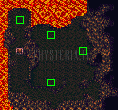 Le pied du grand escalier : les quatre cachettes du trésor enterré, marquées de carrés verts ajoutés sur la capture (version SNES)