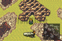 Les abords de la Grotte du Veldt sur la mappemonde, entre plateaux rocheux, le Faucon posé à côté (version GBA)
