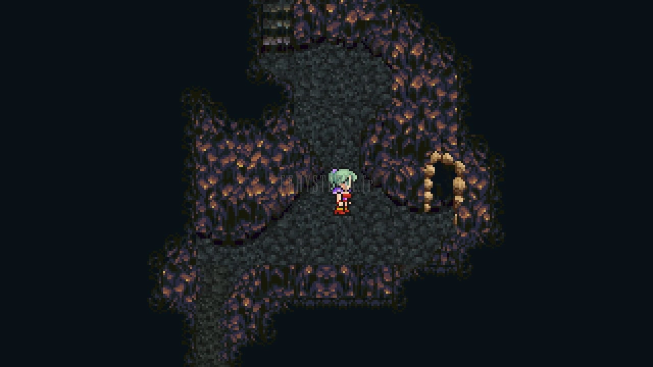 Une galerie de la Grotte du Veldt : parois violacées et passage en arche sur la droite, un personnage au centre (Pixel Remaster)