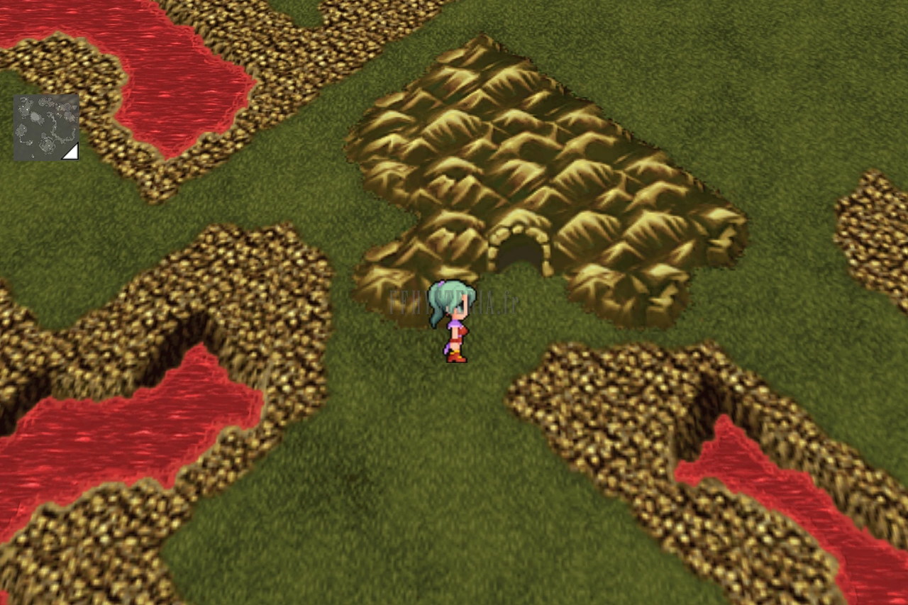 La Grotte du Veldt sur la mappemonde des ruines : Terra sur un plateau herbeux, mer rouge autour (version mobile/PC)