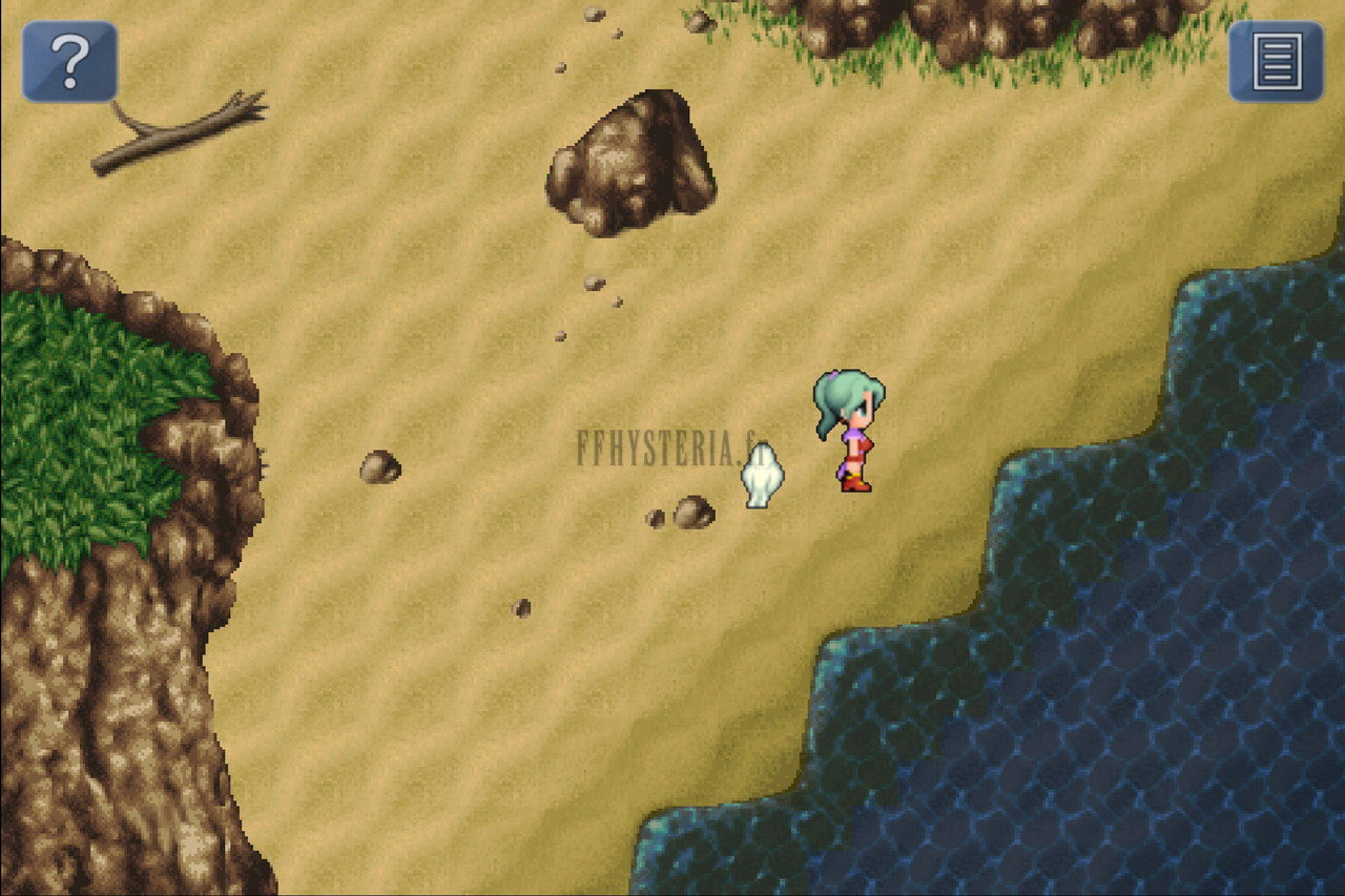 La plage de l’île déserte : Terra face à une petite forme lumineuse posée sur le sable (version mobile/PC)