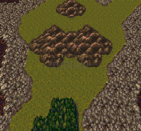 L’Île triangulaire dans le Monde en Ruines : plaine olivâtre, relief brun et bosquet au sud (version SNES)
