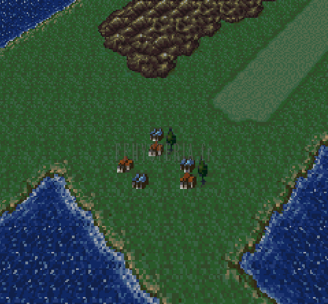 Jidor sur la mappemonde du Monde de la Balance : prairie au bord de la mer et relief brun (version SNES)